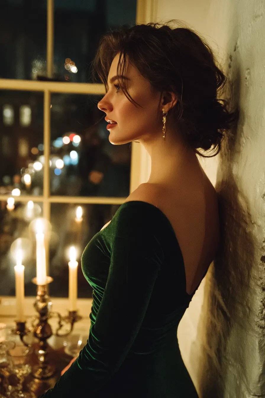 woman in emerald green velvet midi dress gold earrings holiday dinner party winter