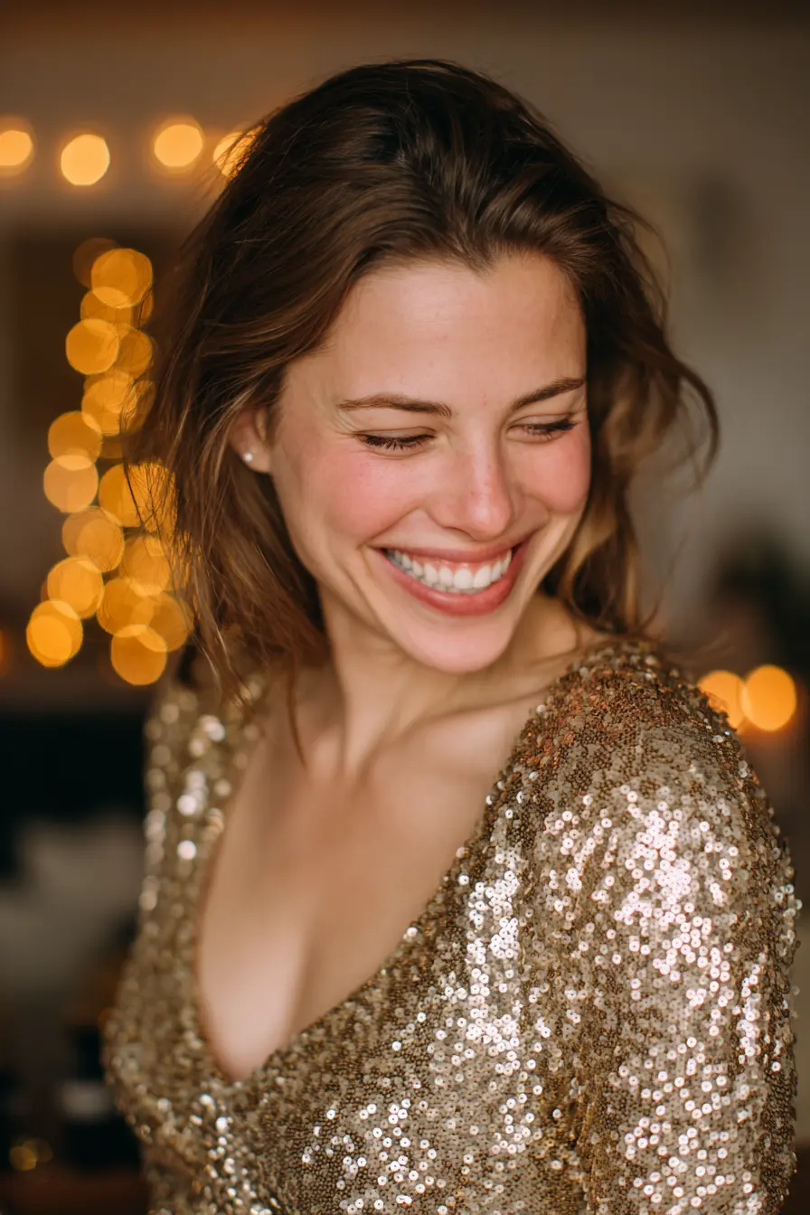 virtual new year’s eve party look woman in gold sequin top laughing at home