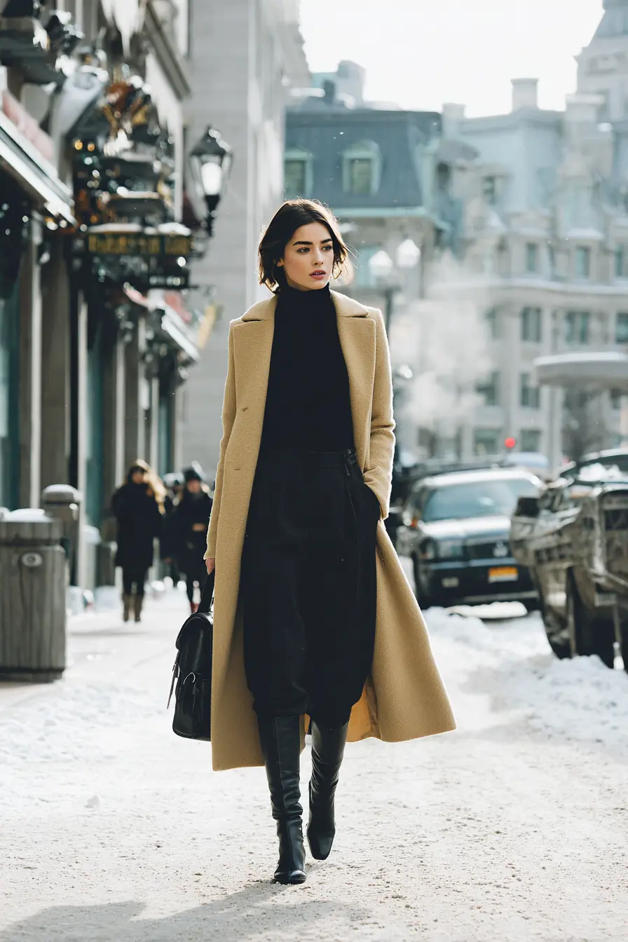 winter business casual women in long camel wool coat over tailored trousers city sidewalk