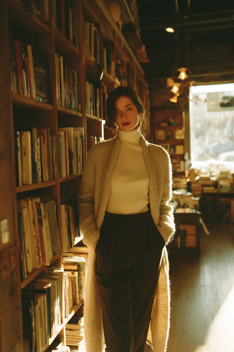 winter capsule wardrobe women layered knit cardigan over turtleneck with tailored trousers
