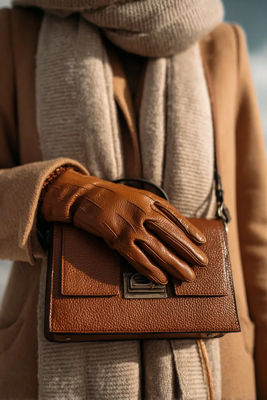 winter fashion outfits women showing polished coat details with scarf leather gloves and structured bag