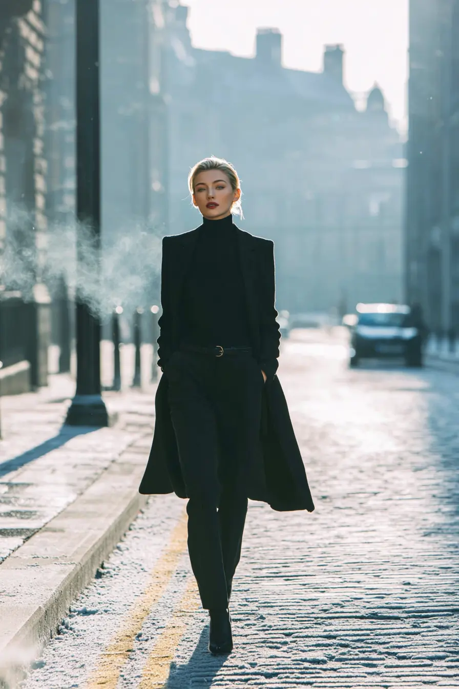 winter outfit ideas all-black look with ribbed turtleneck structured coat and slim trousers