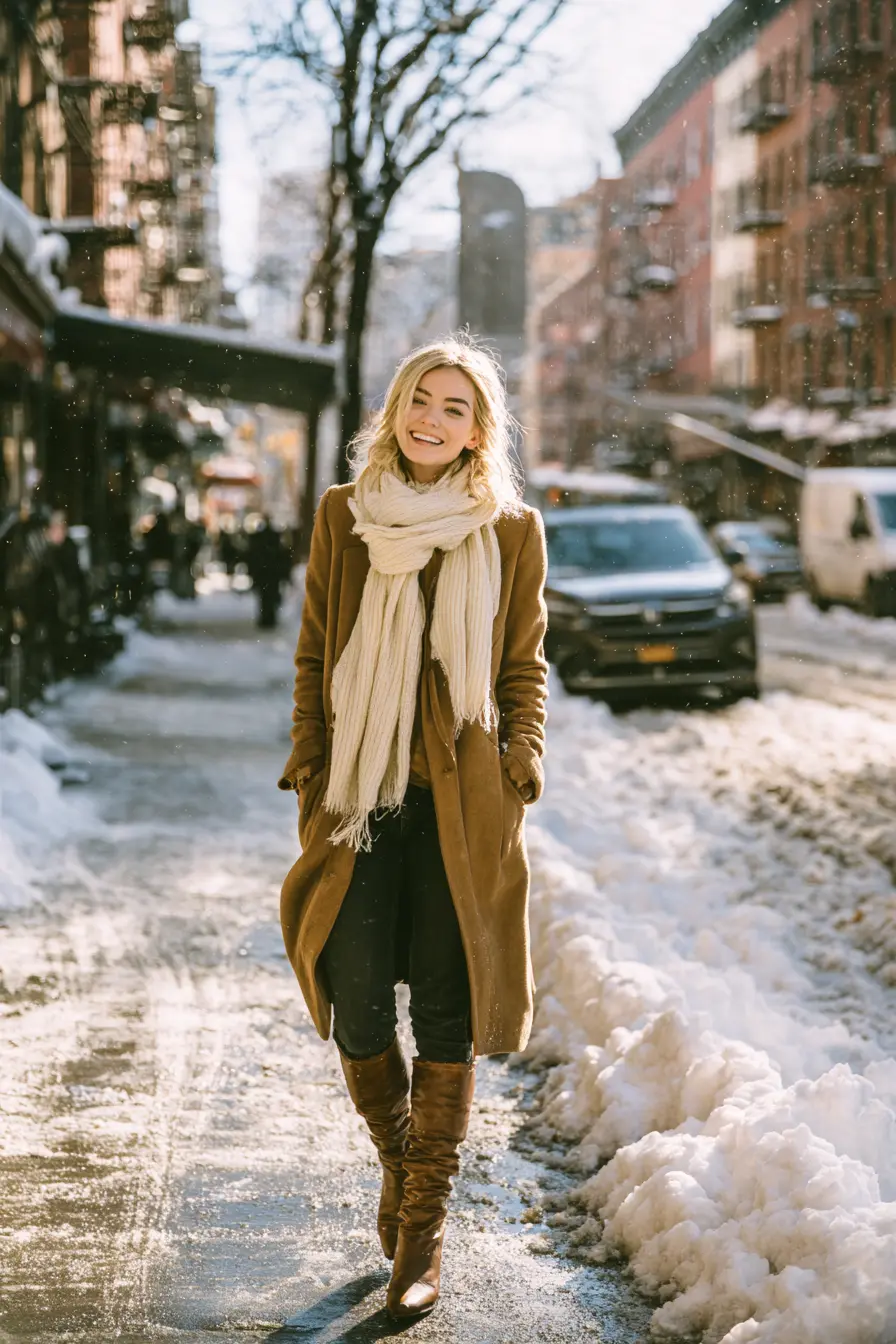 winter outfit ideas women smiling in camel coat with scarf and boots on snowy city street