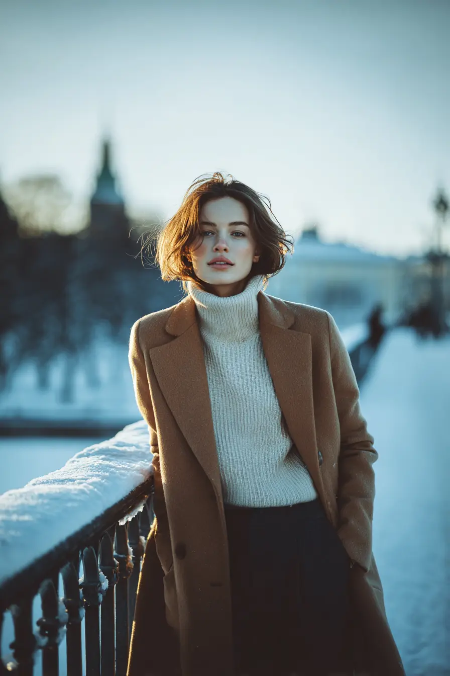 winter outfit women featuring camel wool coat layered over ribbed turtleneck and straight-leg trousers
