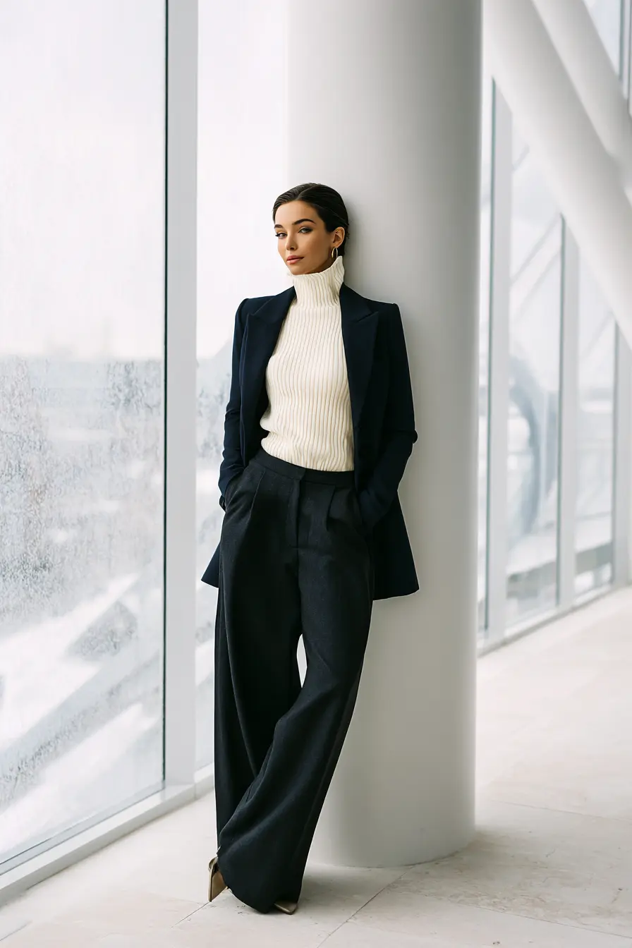 winter outfits for work women in tailored blazer turtleneck and wide-leg trousers in office setting