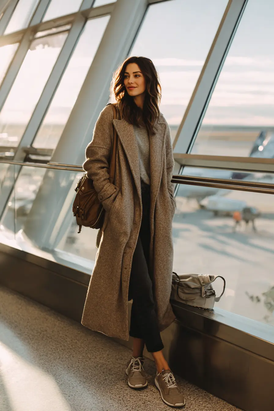 winter travel outfit women at airport terminal with wool coat crossbody bag and slip-on boots